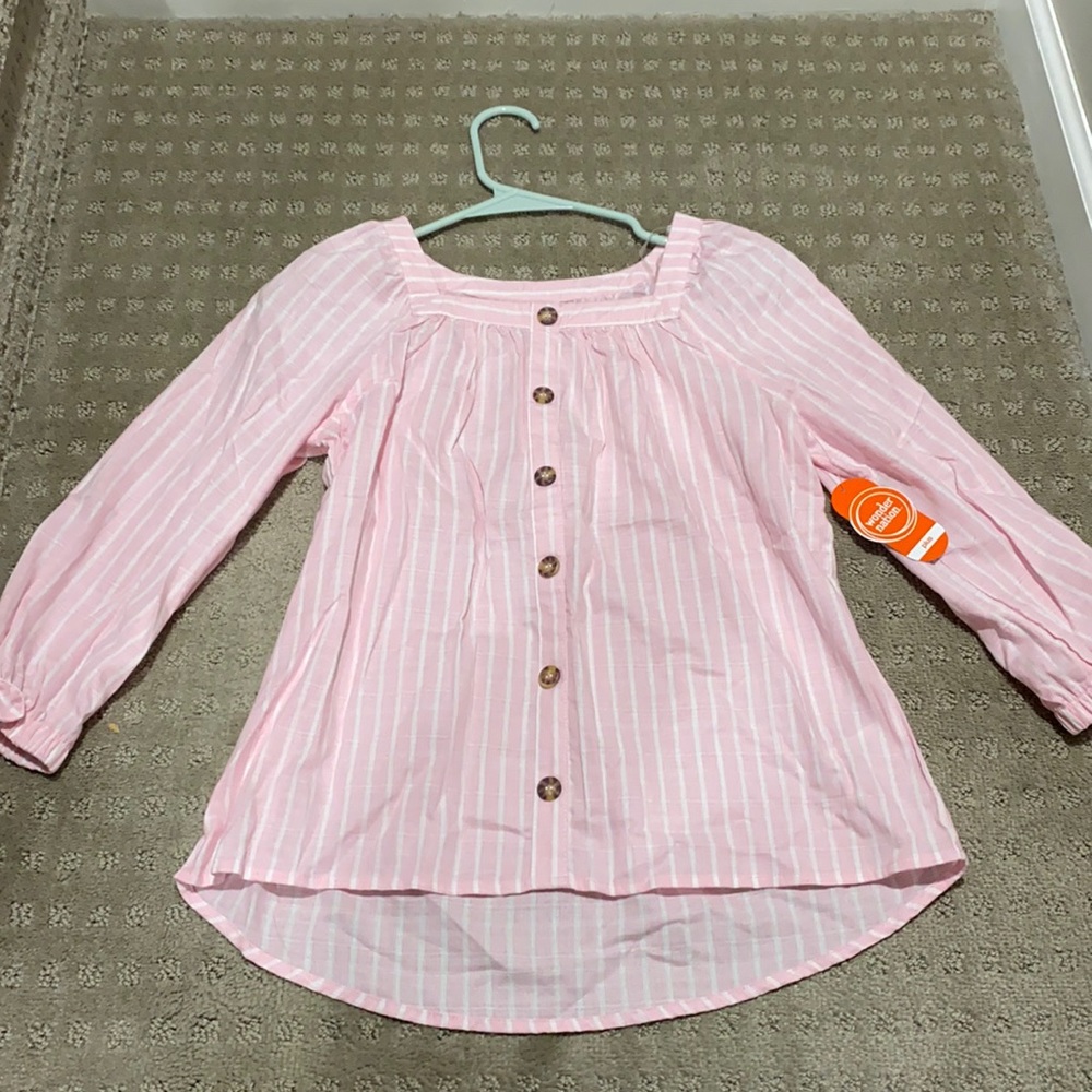 BRAND NEW Pink & white striped girls blouse with buttons. size L (10/12) plus